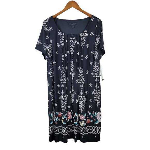 NEW Perceptions Shirt Dress Plus Size 1X Black Floral Midi Stretchy Pleated Top - Picture 2 of 8